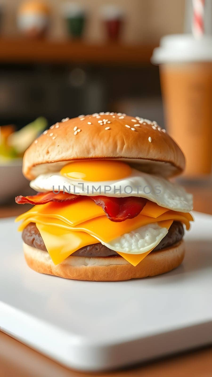 A fresh breakfast sandwich is stacked high with a fried egg, layers of cheese, and crispy bacon, all nestled in a sesame seed bun on a wooden table with soft lighting.