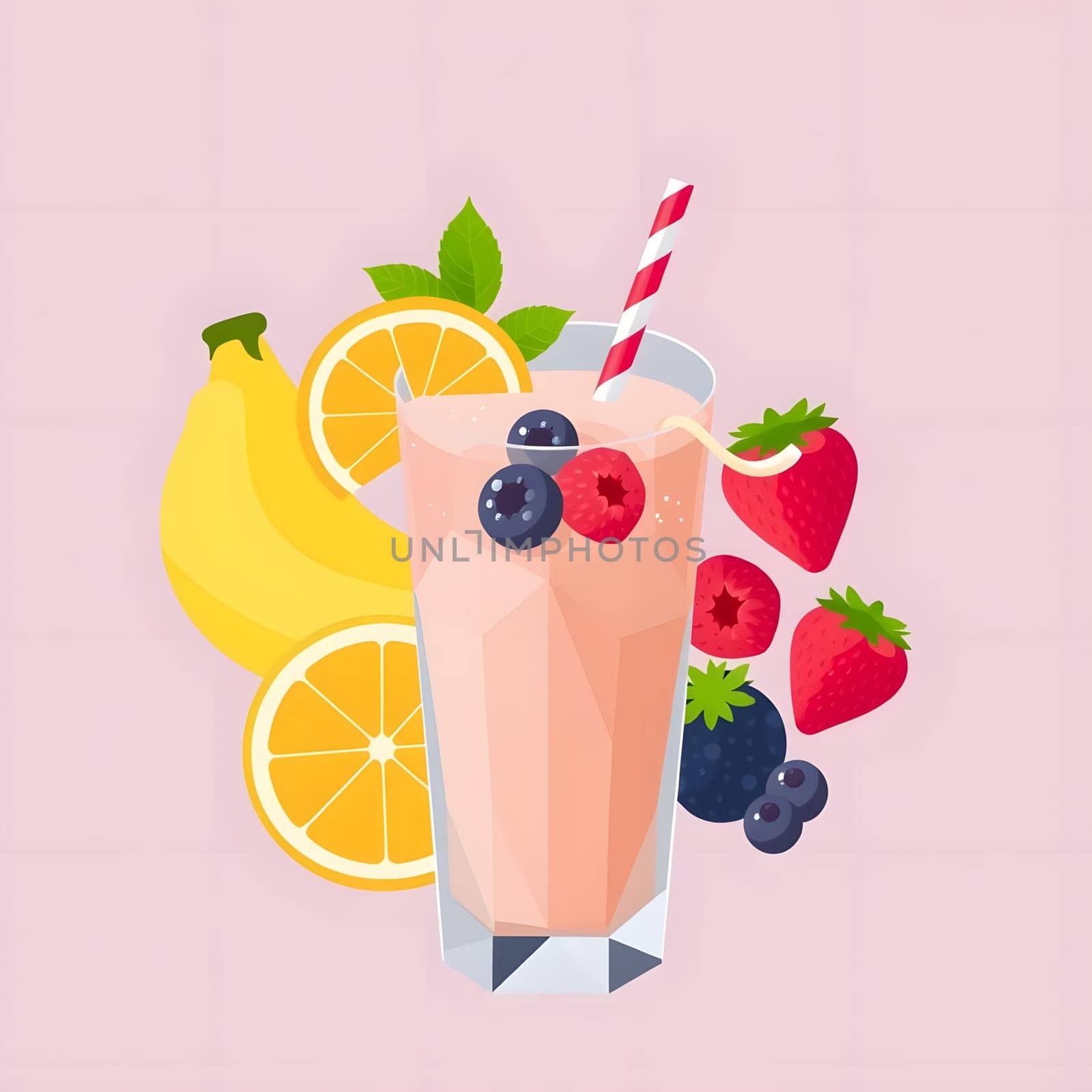 A tall glass filled with a creamy, pink smoothie is adorned with fresh blueberries, strawberries, and sliced bananas. Vibrant lemon and mint enhance the refreshing look.