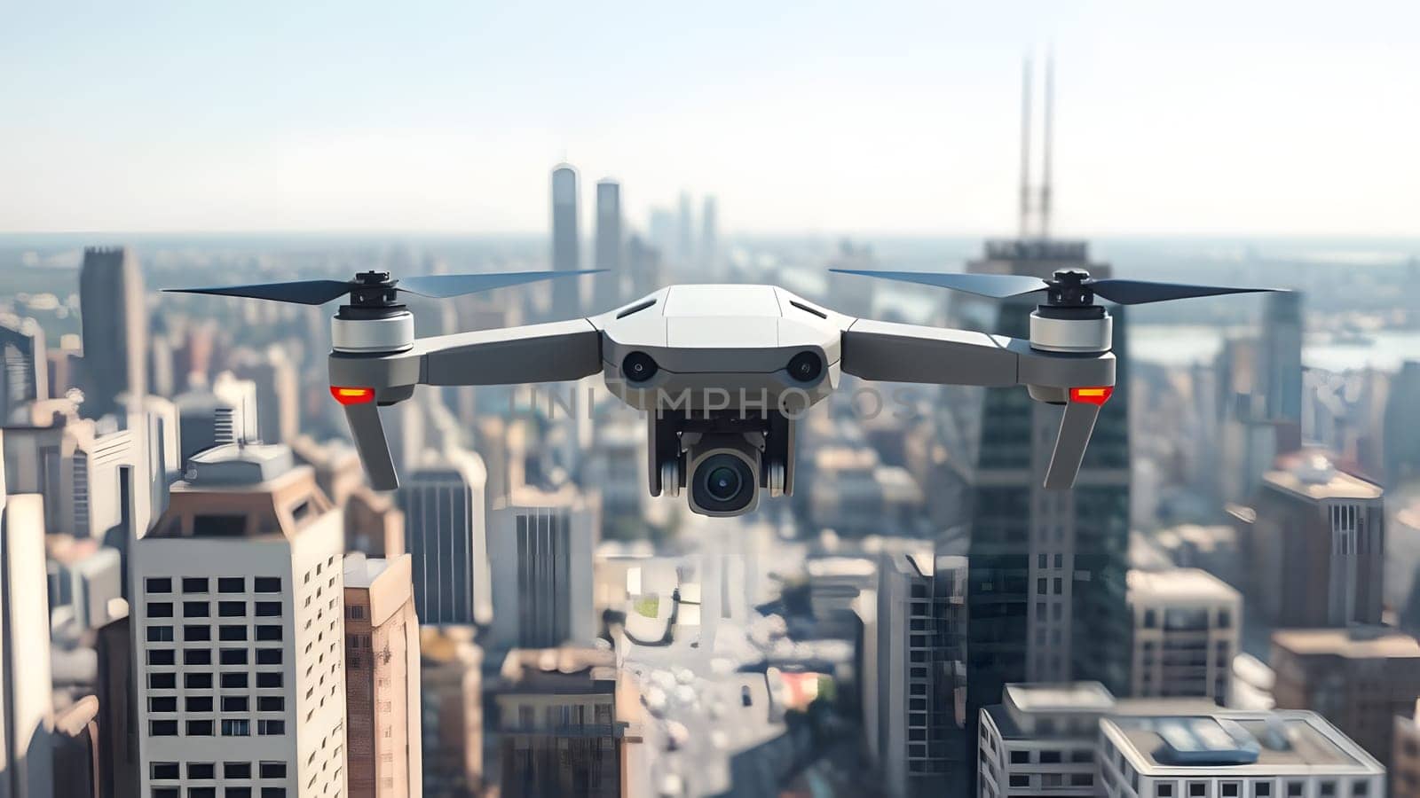A drone hovers above a bustling city skyline, capturing a stunning aerial view of the buildings below on a clear day. The sunlight reflects off the glass facades, showcasing urban life.