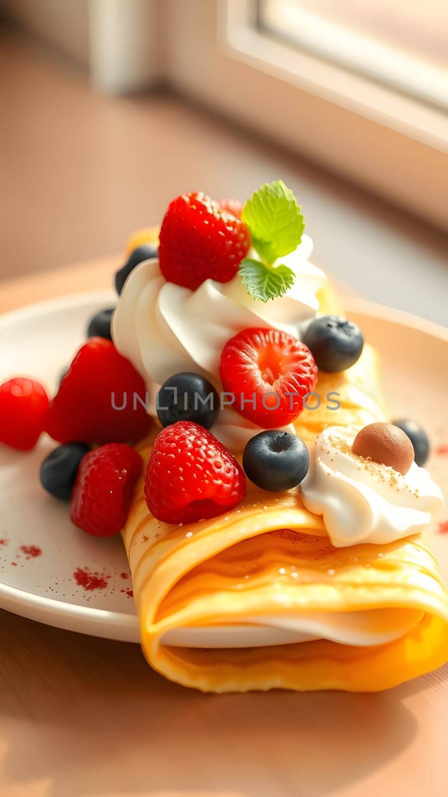 Indulge in a plate of freshly made crepes filled with sweet cream, garnished with fresh strawberries, blueberries, and a dollop of whipped cream, perfect for a delightful breakfast.