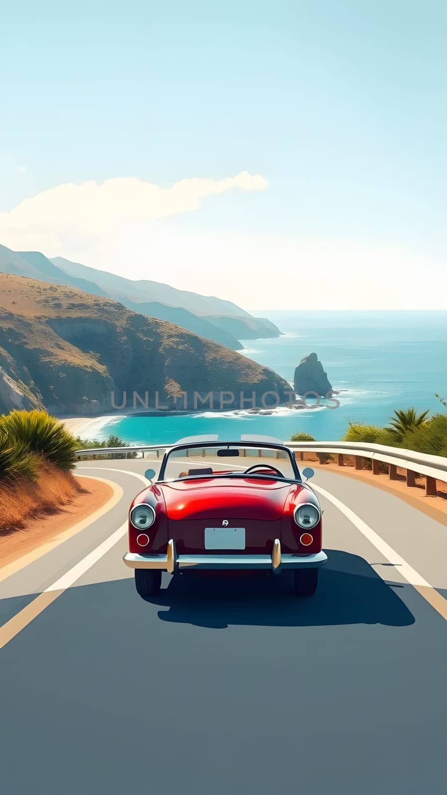 A classic red convertible cruises along a scenic coastal highway, surrounded by stunning ocean views and rugged cliffs under a clear blue sky. Perfect weather enhances the driving experience.