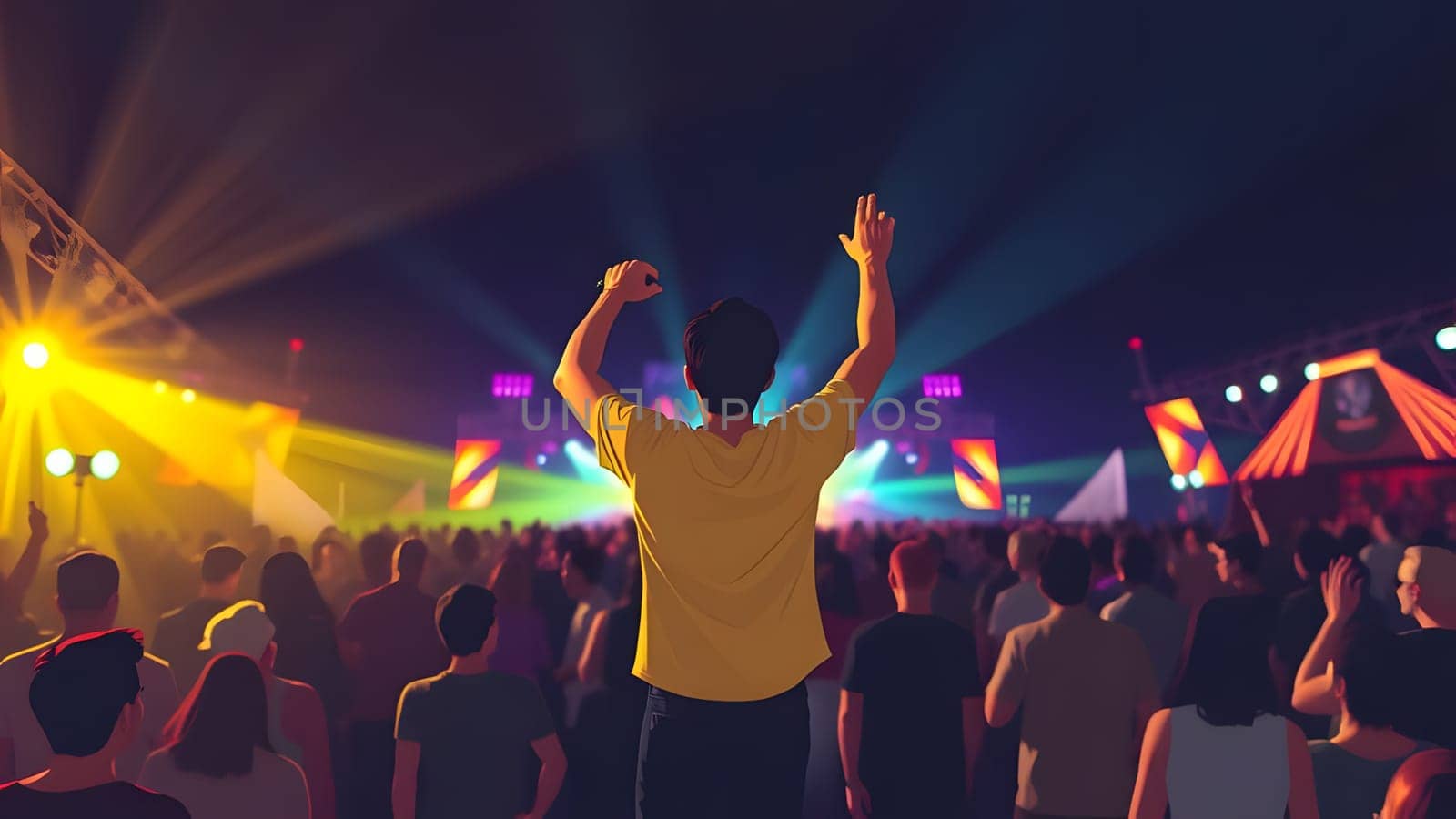 A large crowd gathers at a music festival, immersed in the vibrant atmosphere as colorful lights dance over the audience. People raise their hands, enjoying their favorite performances.