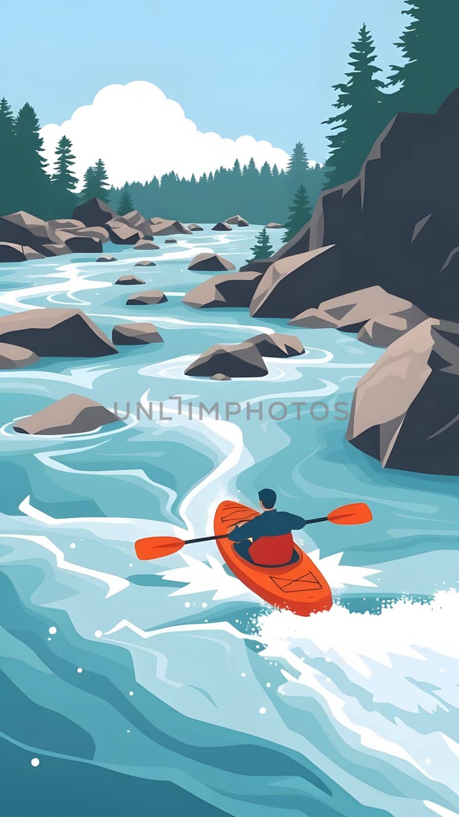 A person in an orange kayak paddles through a swift river, flanked by large boulders and lush trees under a bright sky. The water flows energetically, creating a picturesque setting.