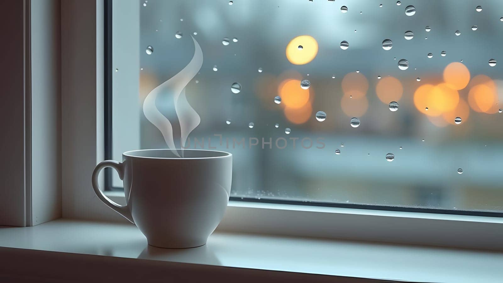 A steaming cup of coffee rests on a window ledge as rain falls outside. Soft bokeh lights from the city create a warm, inviting ambiance amidst the dreary weather.