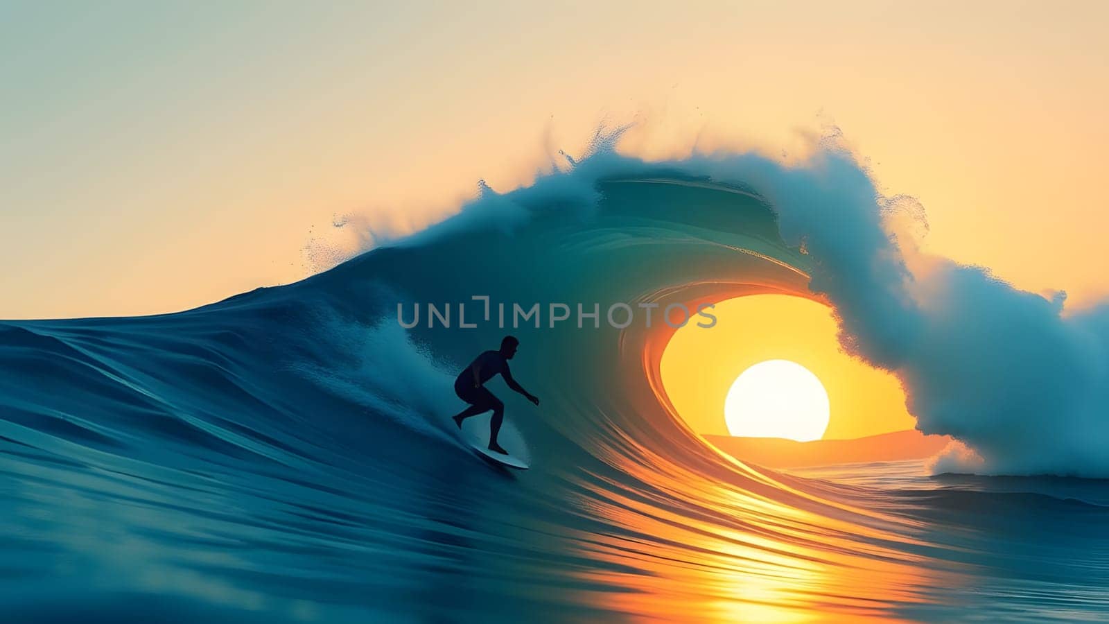 A solitary surfer skillfully rides a curling wave while the sun sets in the background, casting a golden glow over the ocean. The vibrant colors create a stunning moment by the beach.
