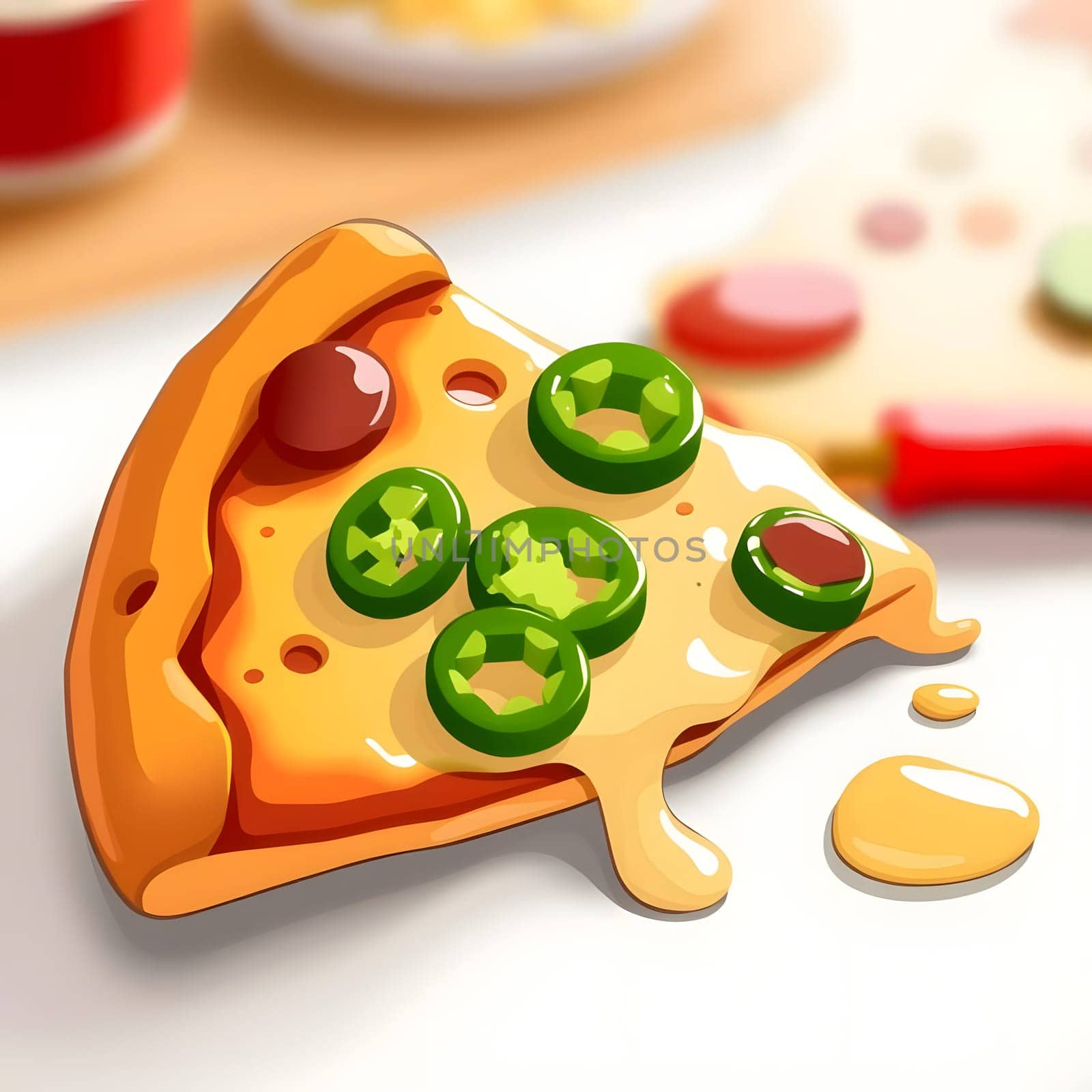 A single slice of pizza topped with pepperoni and jalapenos rests on a countertop, cheese oozing from the side. Bright colors make it look appetizing and fresh, perfect for a meal.
