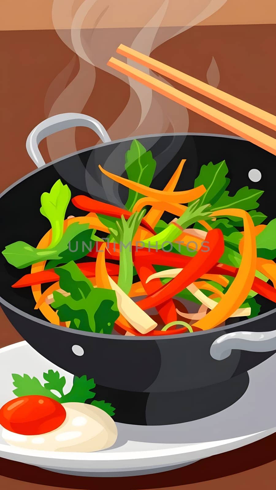A vibrant mix of red peppers, carrots, and leafy greens sizzle in a wok, releasing steam as chopsticks hover above, showcasing a nutritious meal in a cozy kitchen ambiance.