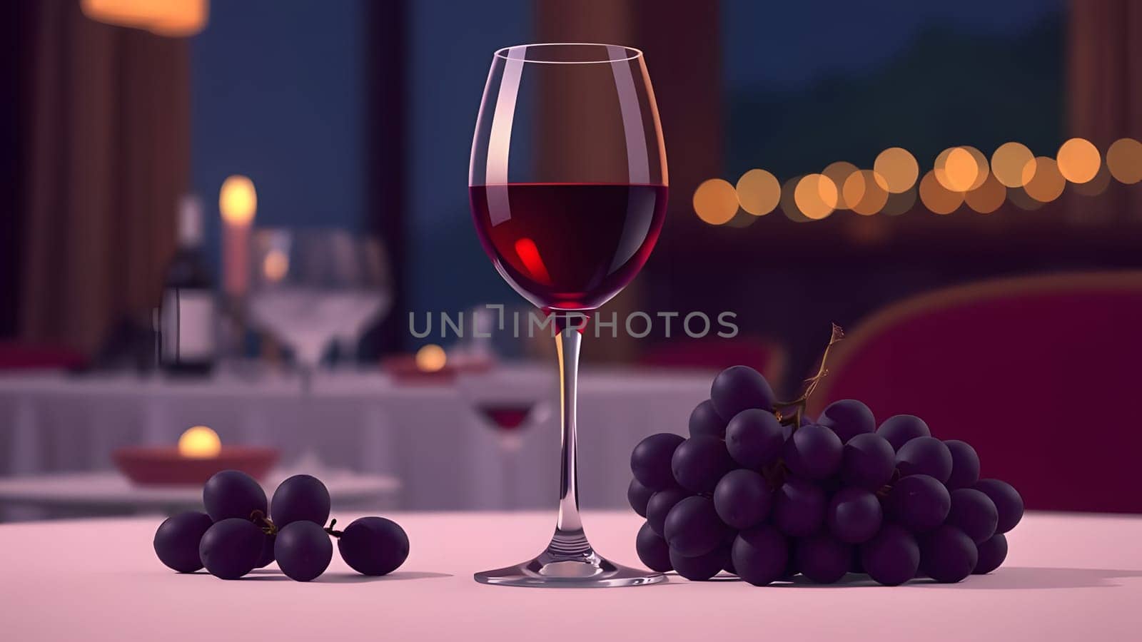 A beautifully arranged table highlights a glass of red wine next to a cluster of fresh grapes, creating a romantic ambiance enhanced by soft candlelight in the background.