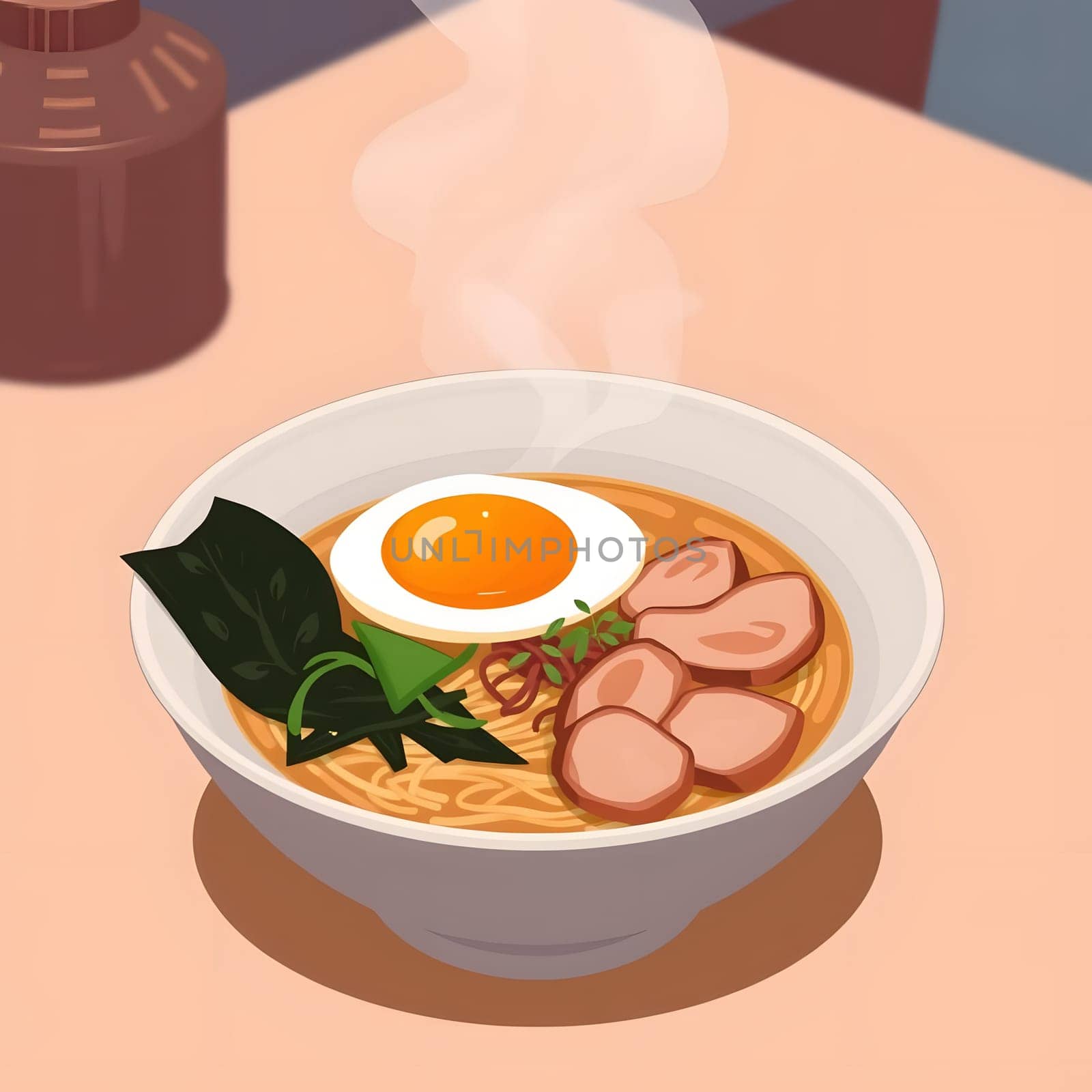 A steaming bowl of ramen filled with noodles, topped with a soft-boiled egg, fresh herbs, and tender meat slices, showcasing a warm and inviting atmosphere in a casual dining setting.