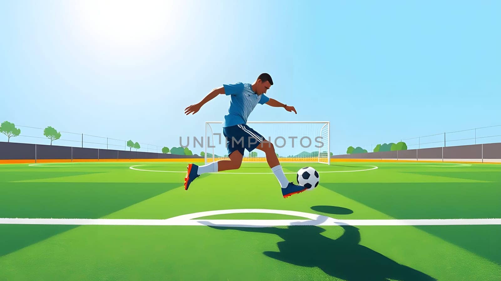 A young player performs a skill move while preparing to kick a soccer ball on a vibrant green field under a bright sky, showcasing athleticism and focus during practice.