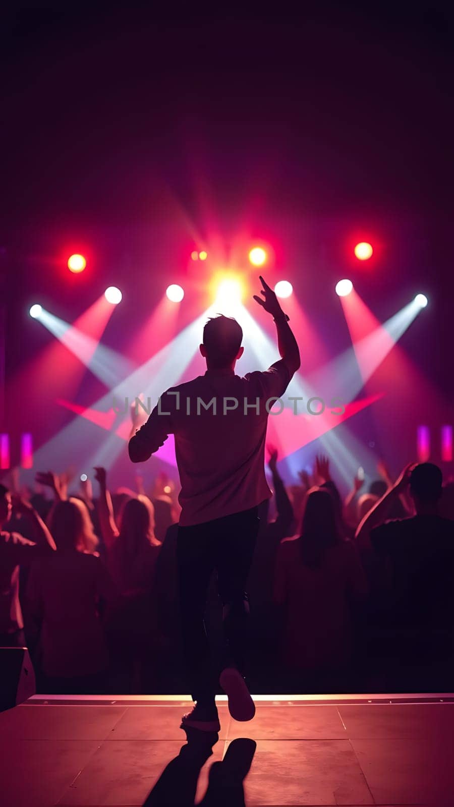 A performer captivates the audience at a concert, surrounded by colorful lights and cheering fans. The atmosphere is electric as everyone dances and enjoys the music.