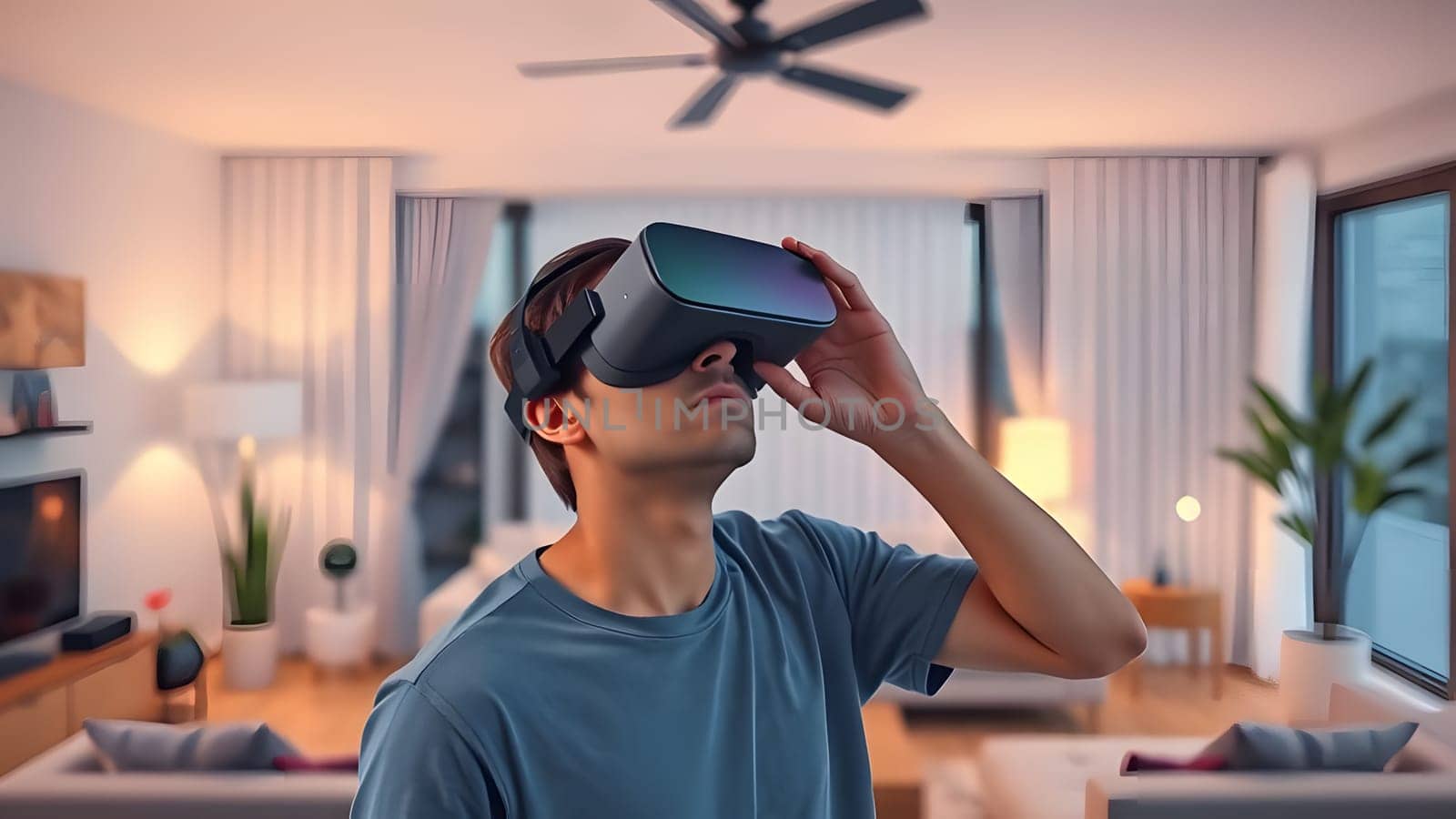 A young man immerses himself in a virtual reality experience while standing in a stylish living room. The space features soft lighting and modern decor, enhancing the immersive activity.
