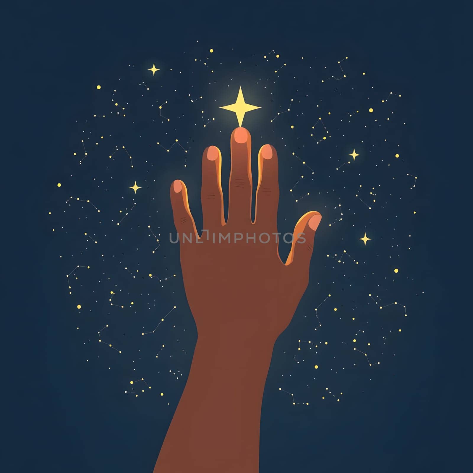 A hand is extended toward a shining star, surrounded by a dark cosmic backdrop filled with twinkling constellations, symbolizing aspiration and exploration of the universe.