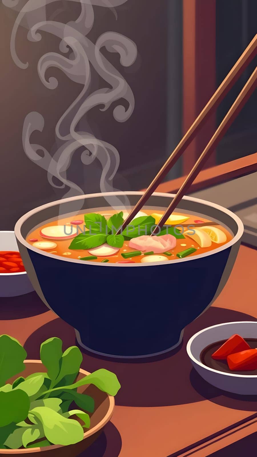 A steaming bowl of flavorful noodle soup garnished with fresh herbs sits on a table. Nearby, additional bowls of condiments and vegetables enhance the meal's appeal.