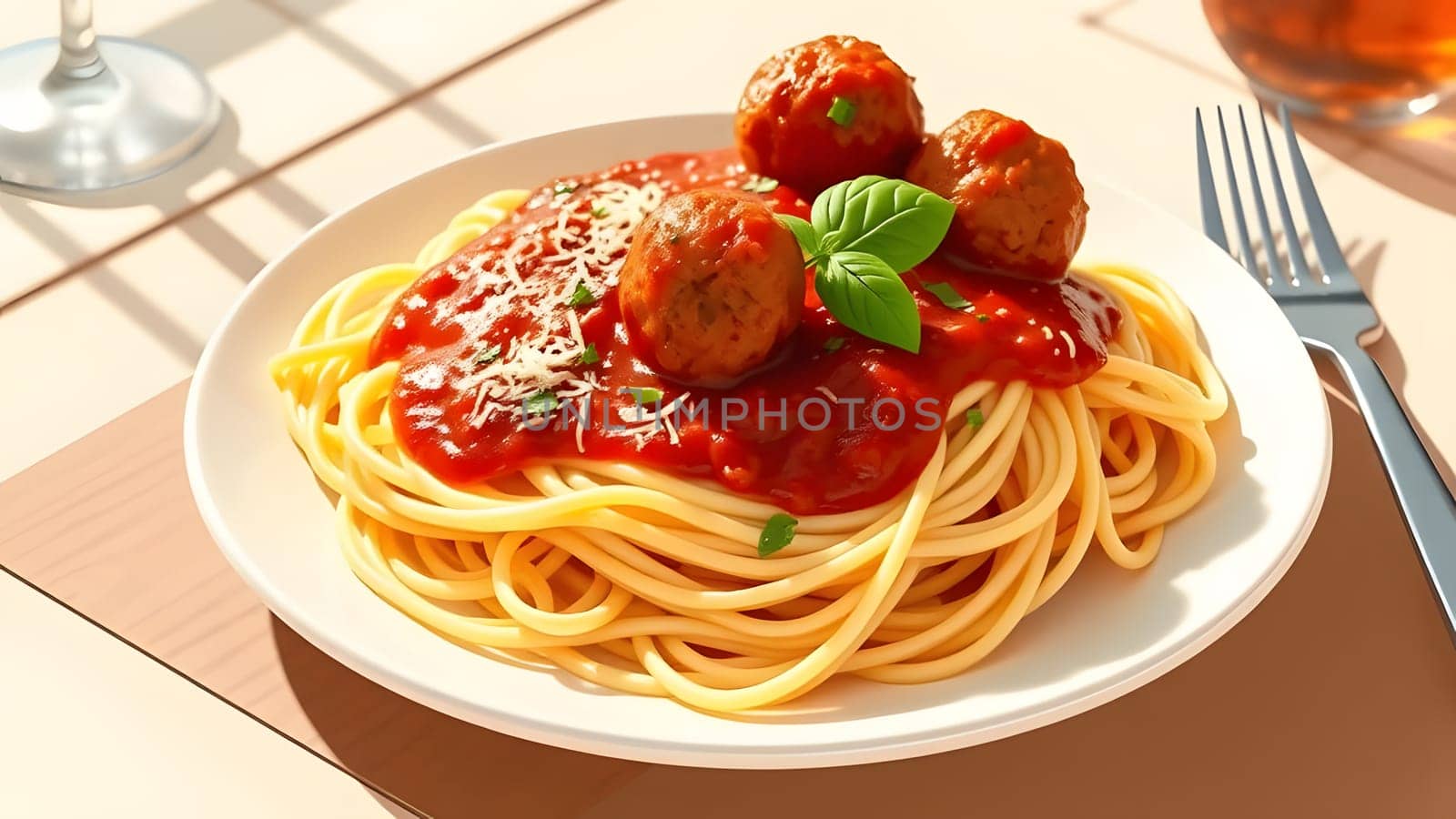 A plate of spaghetti topped with marinara sauce and three meatballs, garnished with fresh basil, placed on a table. A drink is visible in the background, adding to the dining atmosphere.