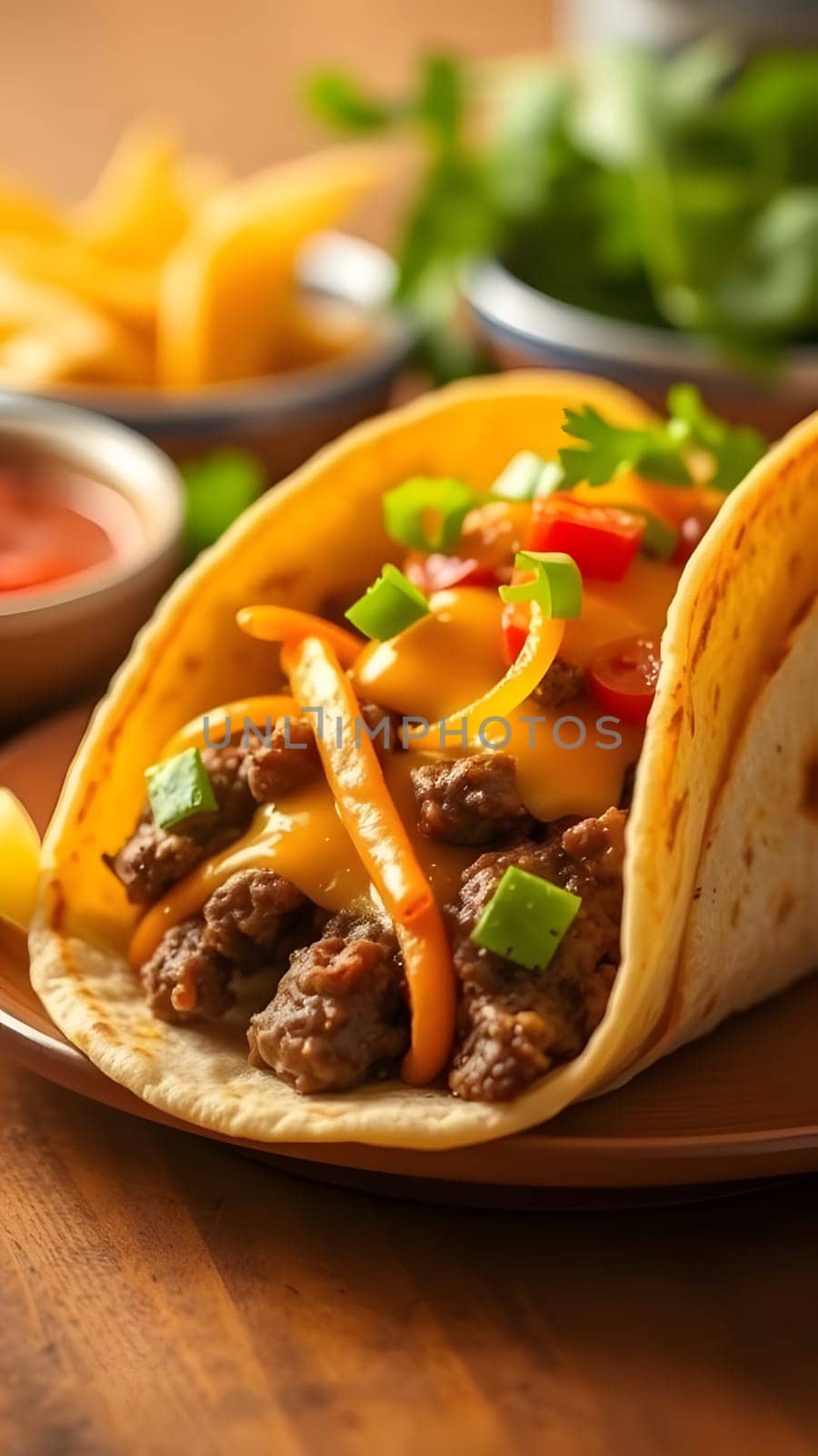 A beef taco is filled with melted cheese, sauteed peppers, and fresh herbs, served on a rustic wooden table with side dishes of salsa and tortilla chips.
