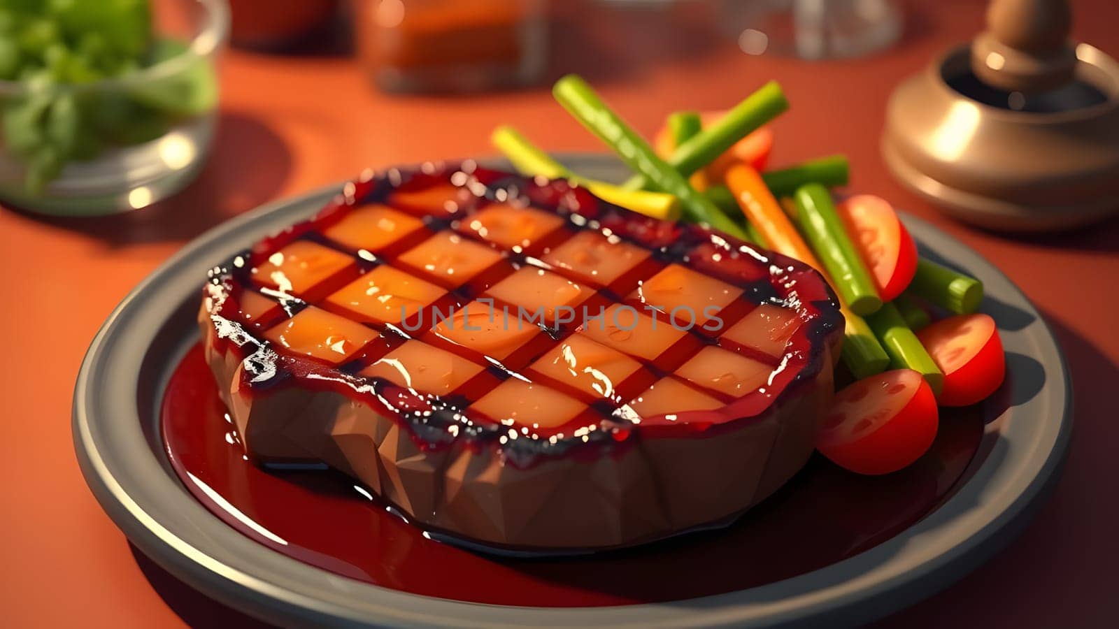 A succulent grilled steak topped with a glossy cherry glaze sits on a plate. Fresh green onions and cherry tomatoes accompany the dish, adding a colorful touch.
