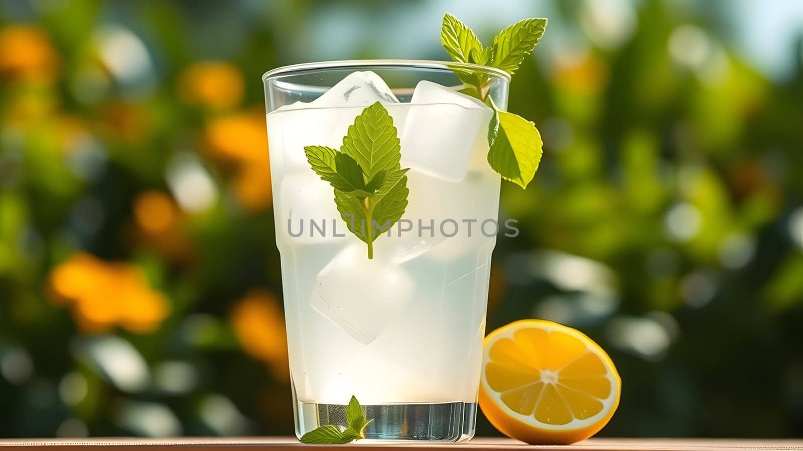 A tall glass of mint lemonade filled with ice sits outdoors under the sun. A lemon half rests nearby, highlighting the vibrant greenery surrounding the drink.