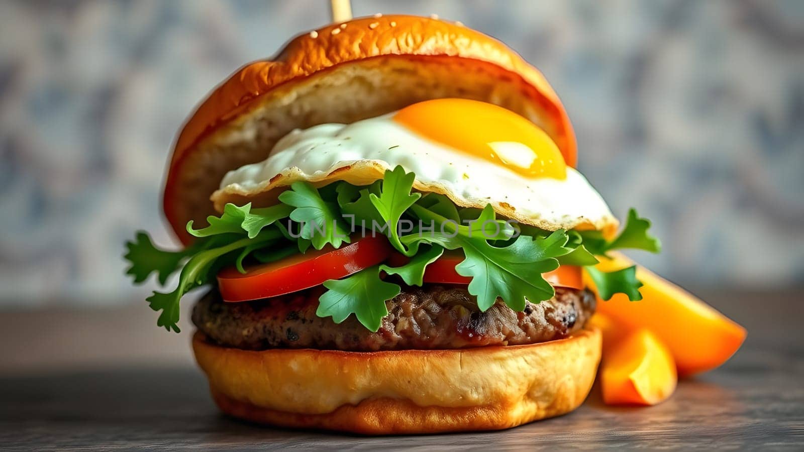 A mouthwatering burger features a juicy beef patty topped with a fried egg, crispy lettuce, and ripe tomato slices, all nestled in a soft golden bun. Perfect for a hearty meal any time.