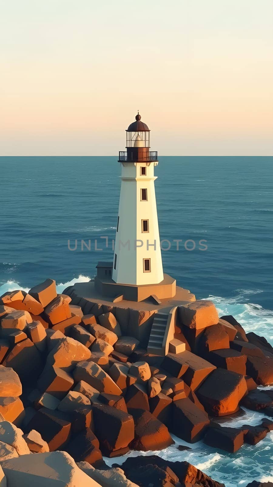 The lighthouse stands majestically on rocky formations, overlooking the calm ocean as the sun sets, casting warm hues across the sky and water in the early evening light.