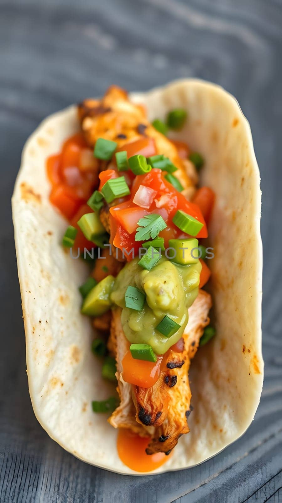 A soft tortilla holds grilled chicken, topped with fresh salsa, guacamole, and chopped green onions. This delicious taco is perfect for a casual meal or festive gathering.