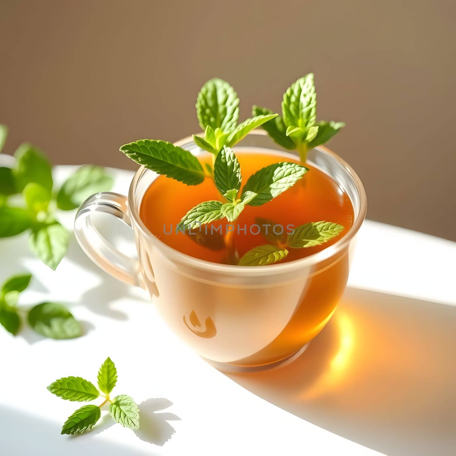 A clear cup filled with herbal tea displays vibrant mint leaves resting on the surface. The warm sunlight enhances the rich amber color of the tea, creating a peaceful and inviting atmosphere.