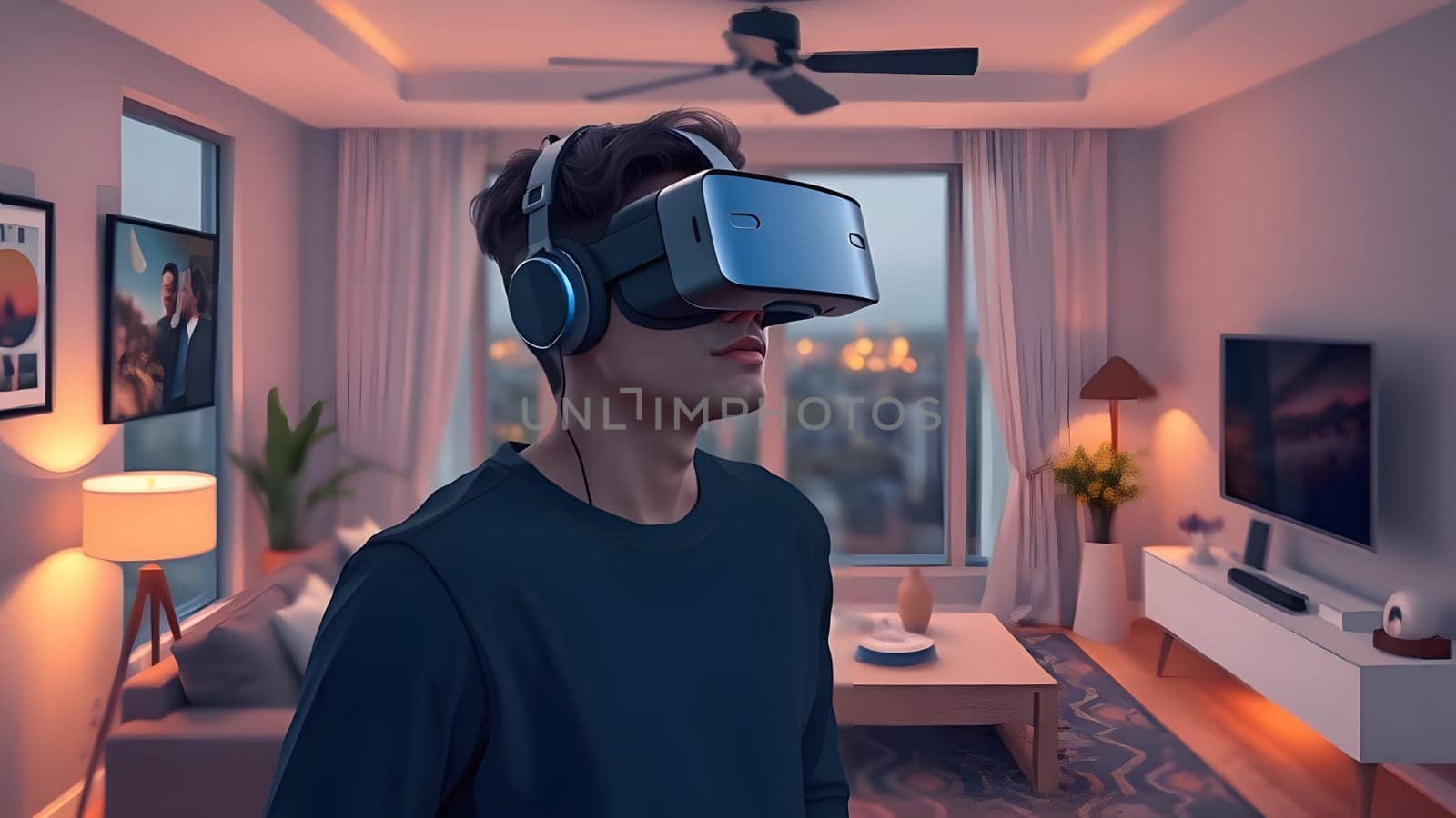 The young man is fully immersed in a virtual reality experience while wearing a VR headset and headphones. The stylish living room features contemporary decor and large windows.