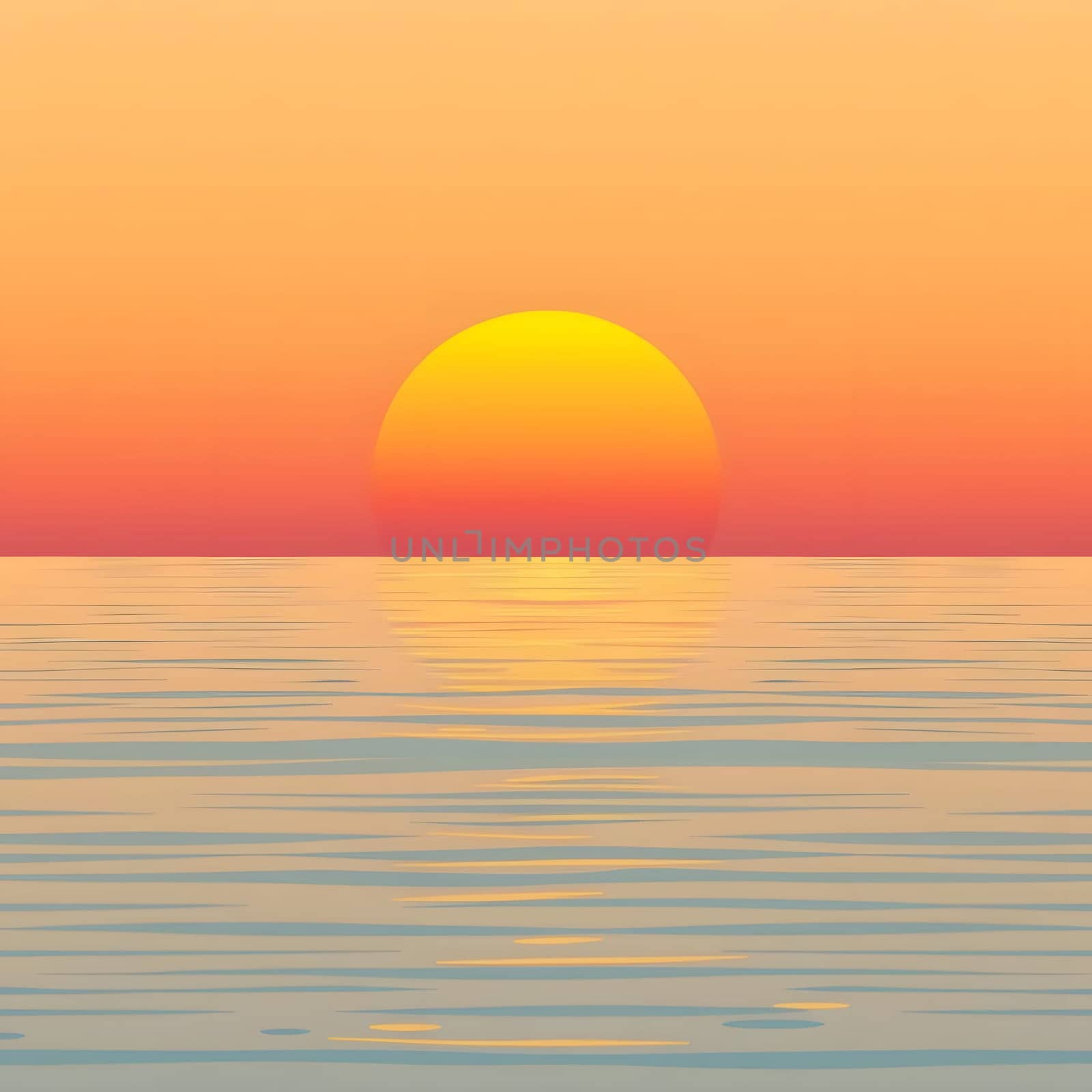 A tranquil sunset casts a golden hue across the horizon, reflecting on the calm ocean surface. The serene colors blend beautifully, creating a peaceful atmosphere during dusk.