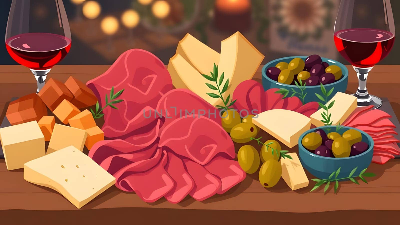 A beautifully arranged charcuterie board features various cured meats, cheeses, olives, and fruits, paired with glasses of red wine, creating an inviting atmosphere for a celebration.