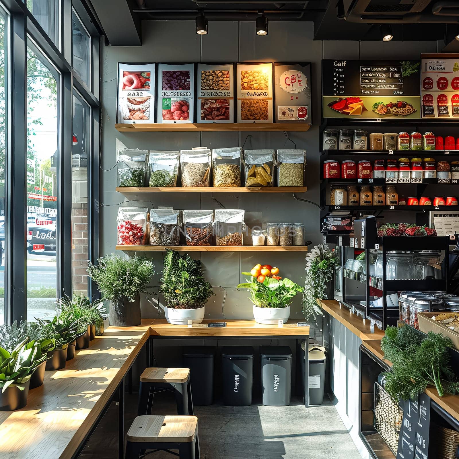 A small cafe with a window display of various food items and plants. Scene is cozy and inviting