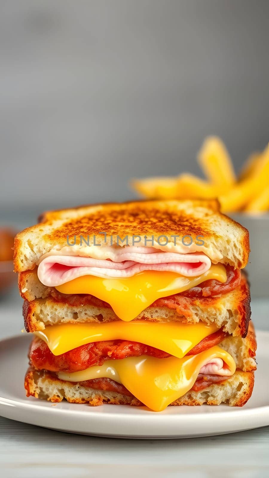 A mouthwatering grilled cheese sandwich stacked high with melted cheddar and ham, accompanied by a side of crispy fries. Perfect for a satisfying lunch or snack.
