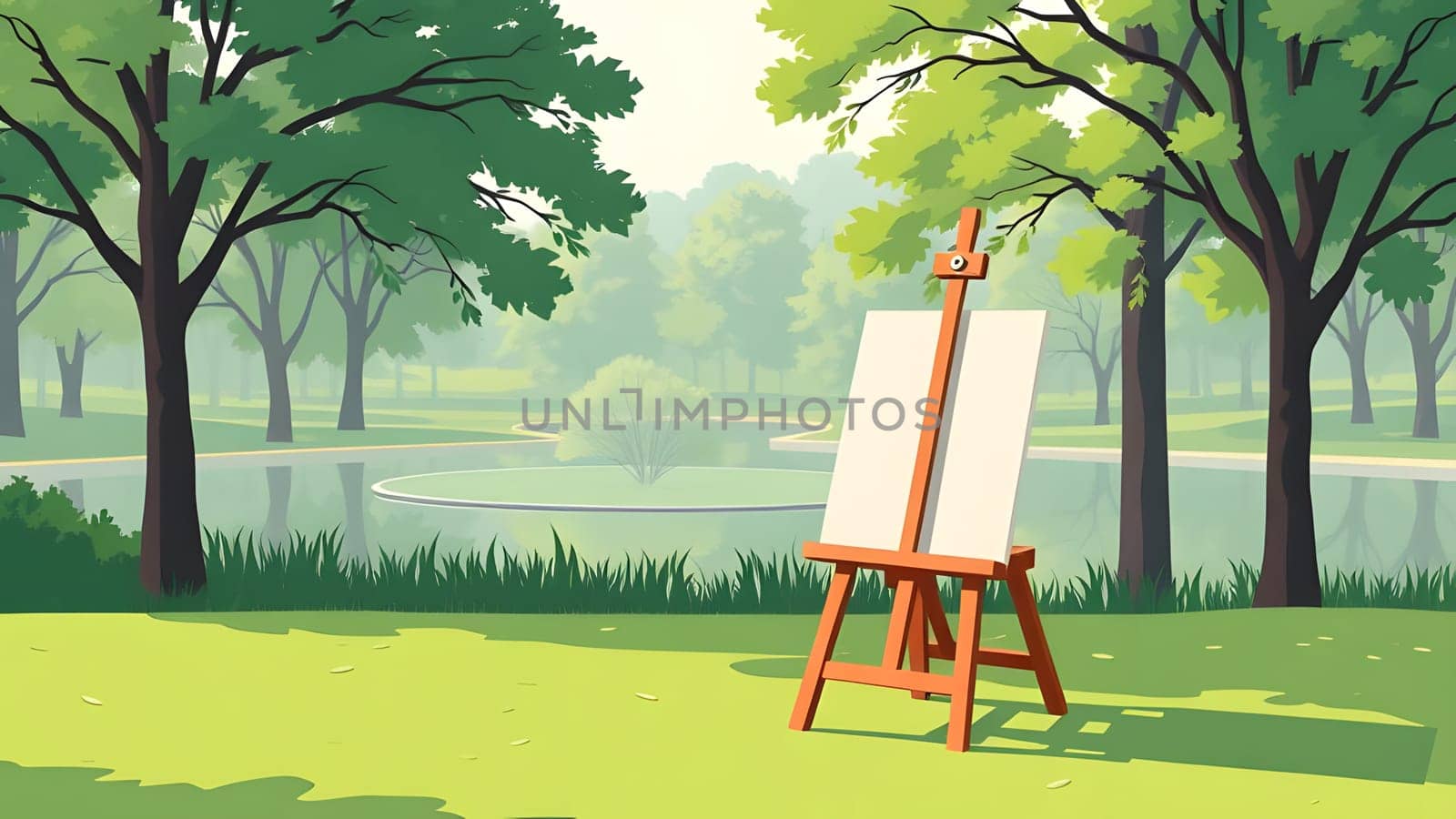 An easel stands on the grass in a peaceful park, surrounded by vibrant trees and a calm lake. The bright daylight highlights the inviting atmosphere of nature and creativity.