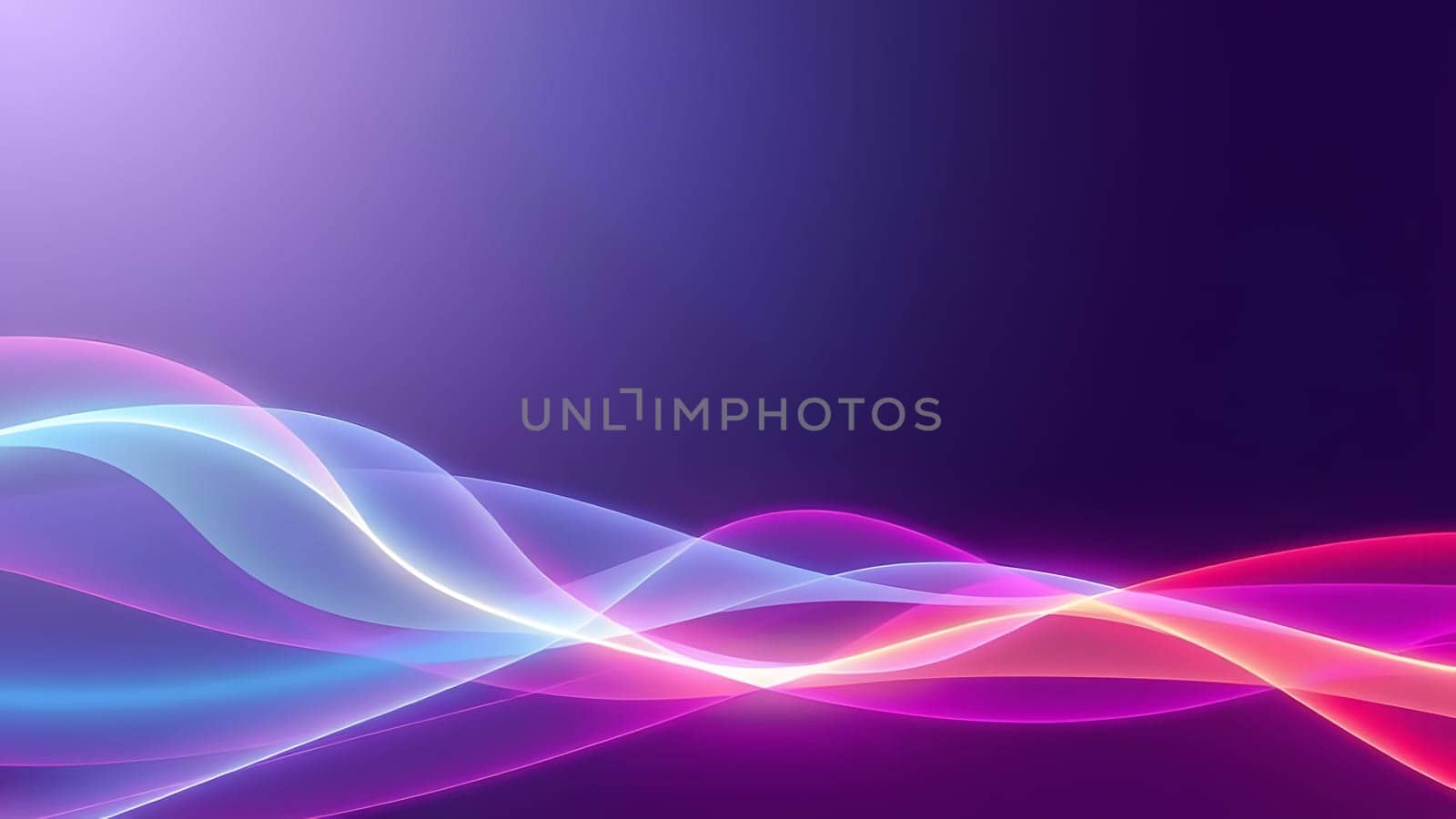 Bright and colorful light waves flow across a smooth gradient backdrop, showcasing dynamic curves and a blend of hues from blue to pink, creating a vibrant visual atmosphere.