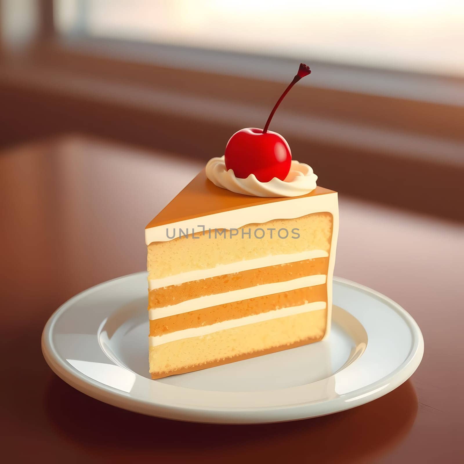 A slice of layered cake is placed on a white plate, topped with whipped cream and a bright red cherry. The warm afternoon light creates a cozy atmosphere in the background.