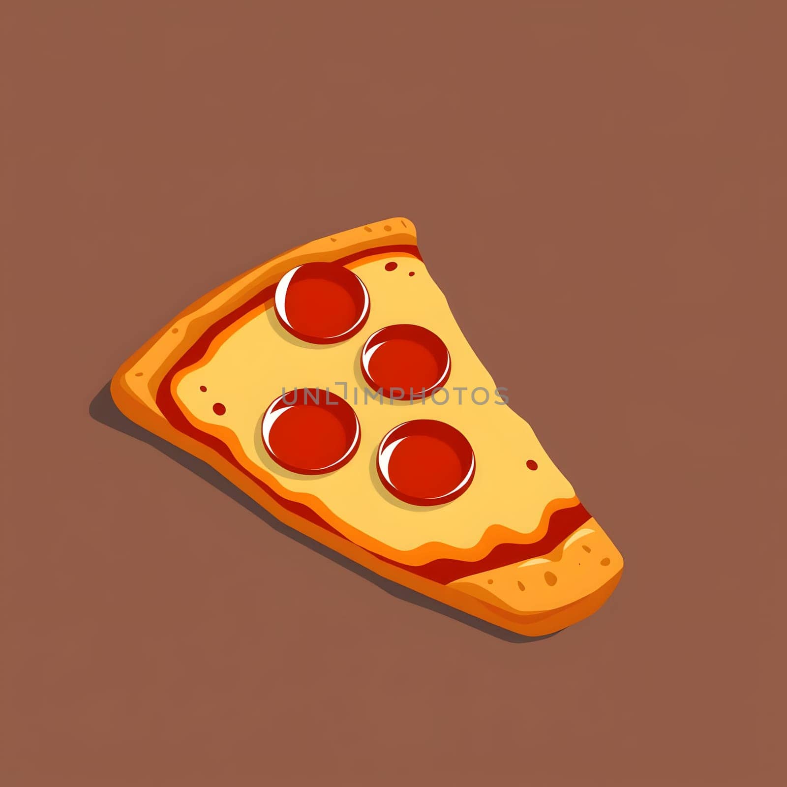 A delicious slice of pepperoni pizza sits on a simple brown background. The cheesy crust showcases four pepperoni slices, enticing food lovers everywhere.