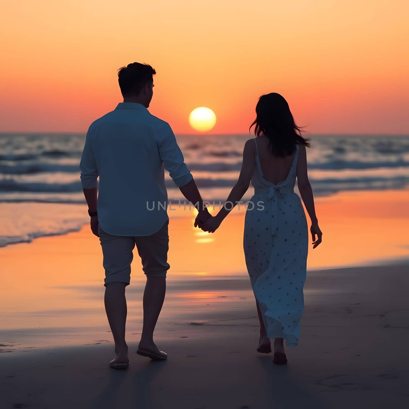 A couple strolls hand in hand along the shoreline as the sun sets on the horizon, casting vibrant colors across the sky and reflecting on the gentle waves.