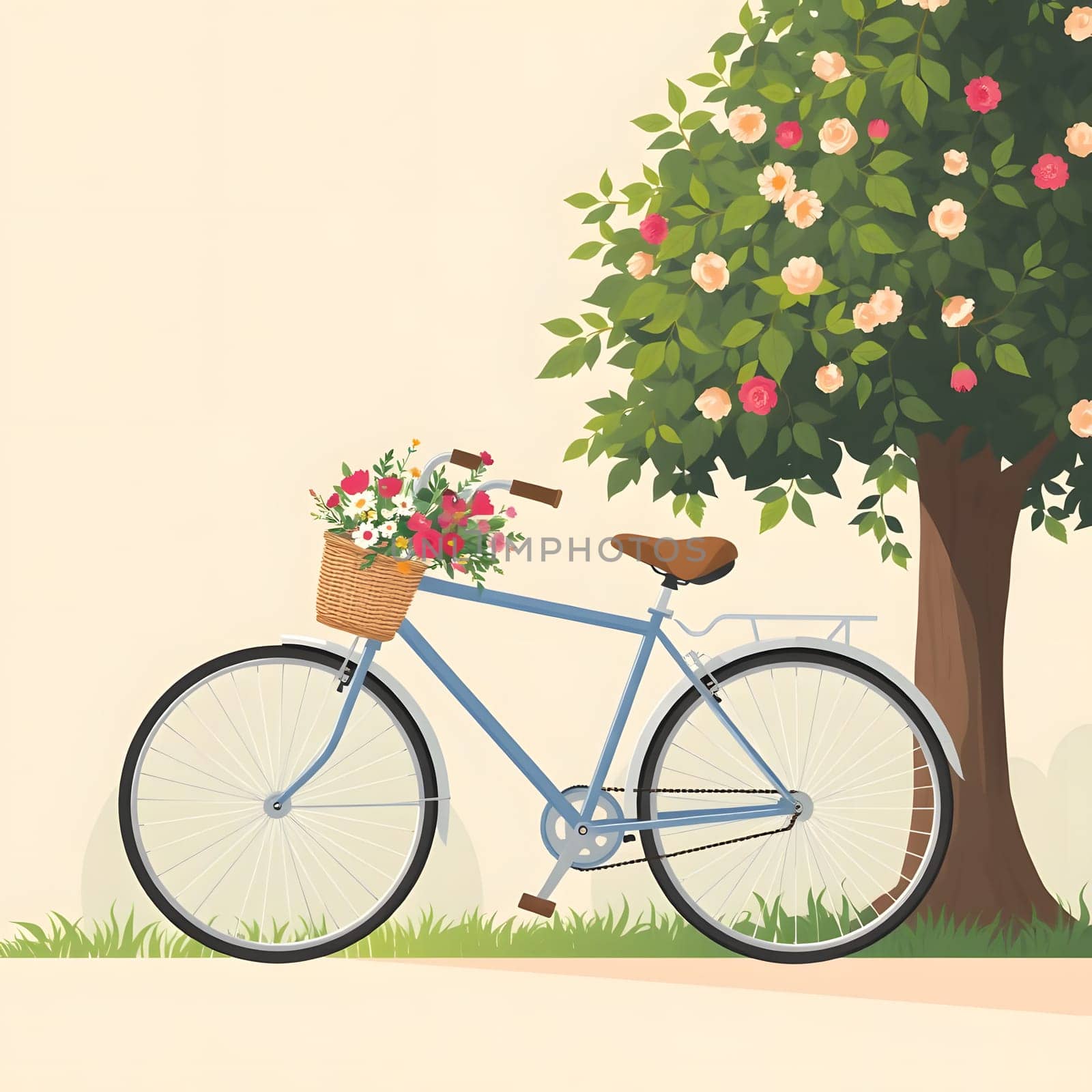 A charming vintage bicycle, adorned with a basket full of colorful flowers, stands by a lush, flowering tree in a serene outdoor setting. The scene captures a peaceful moment in nature.