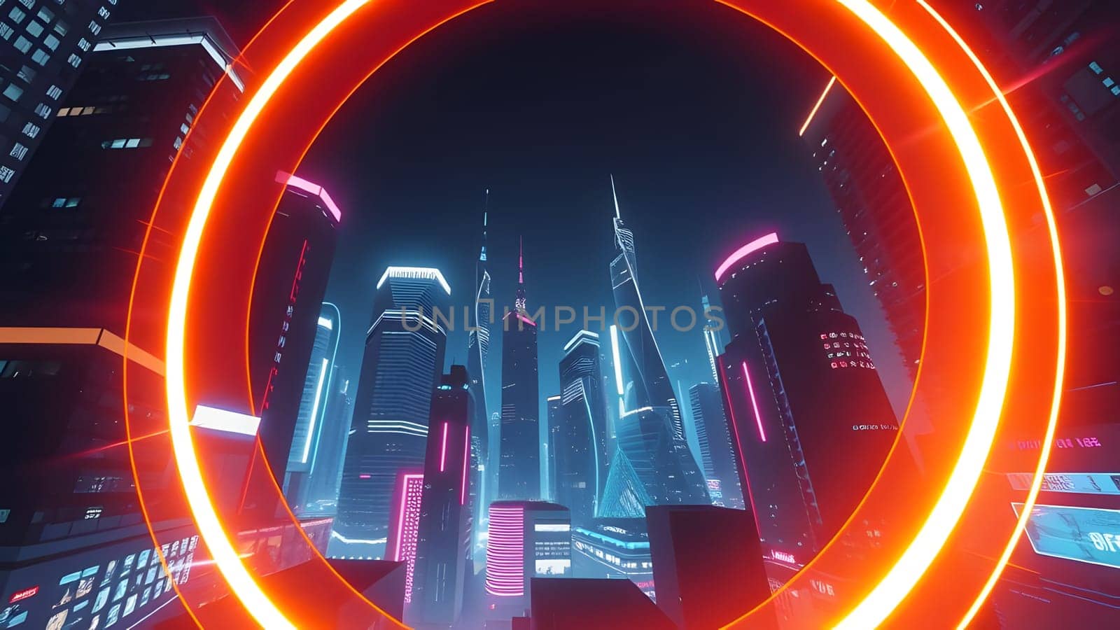 A vibrant city skyline illuminated by neon lights showcases towering skyscrapers at night, viewed through a glowing circular frame that enhances the futuristic atmosphere.