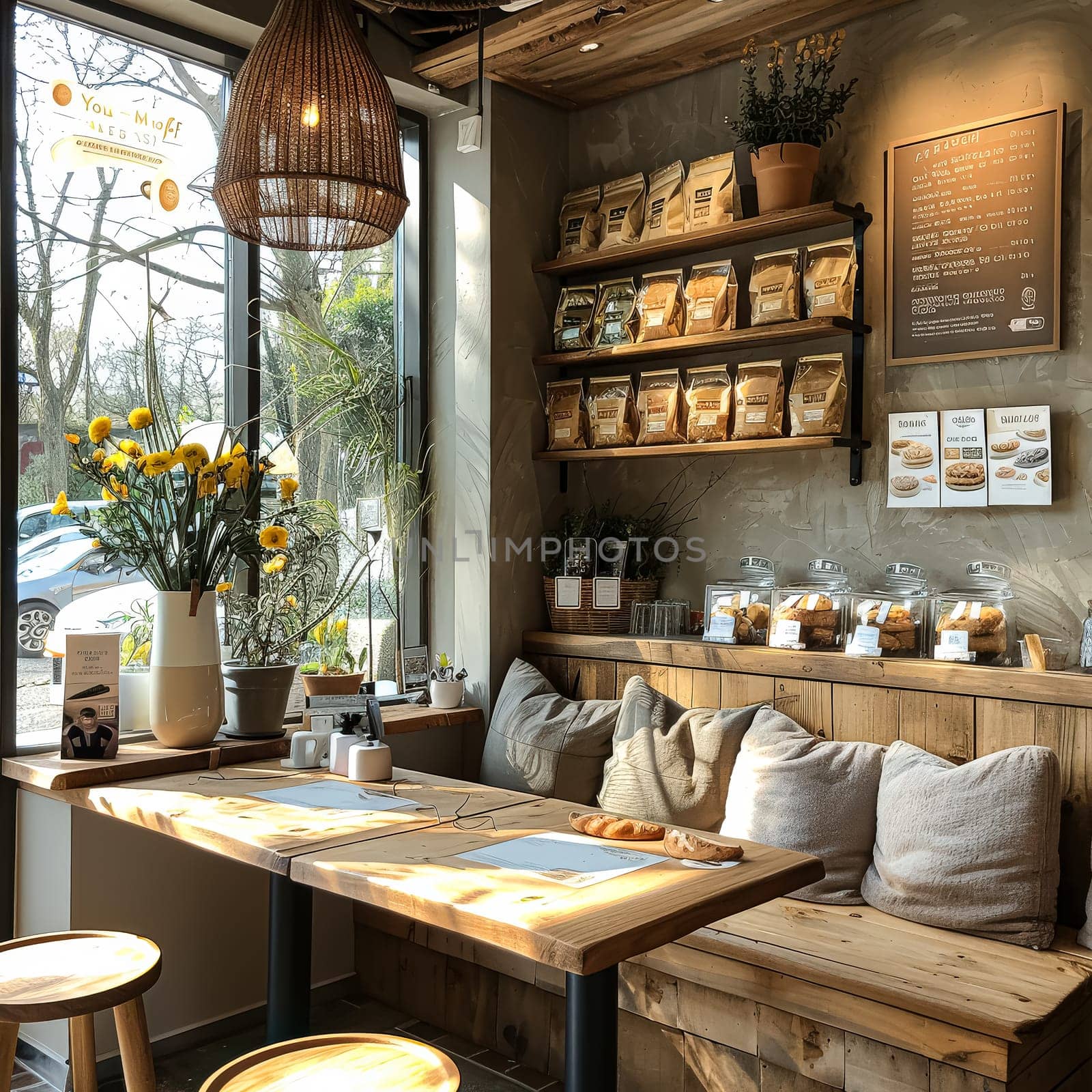 A cozy cafe with a wooden counter and a window. The cafe has a variety of snacks and pastries on display, including a bowl of donuts. The atmosphere is warm and inviting, with a few potted plants