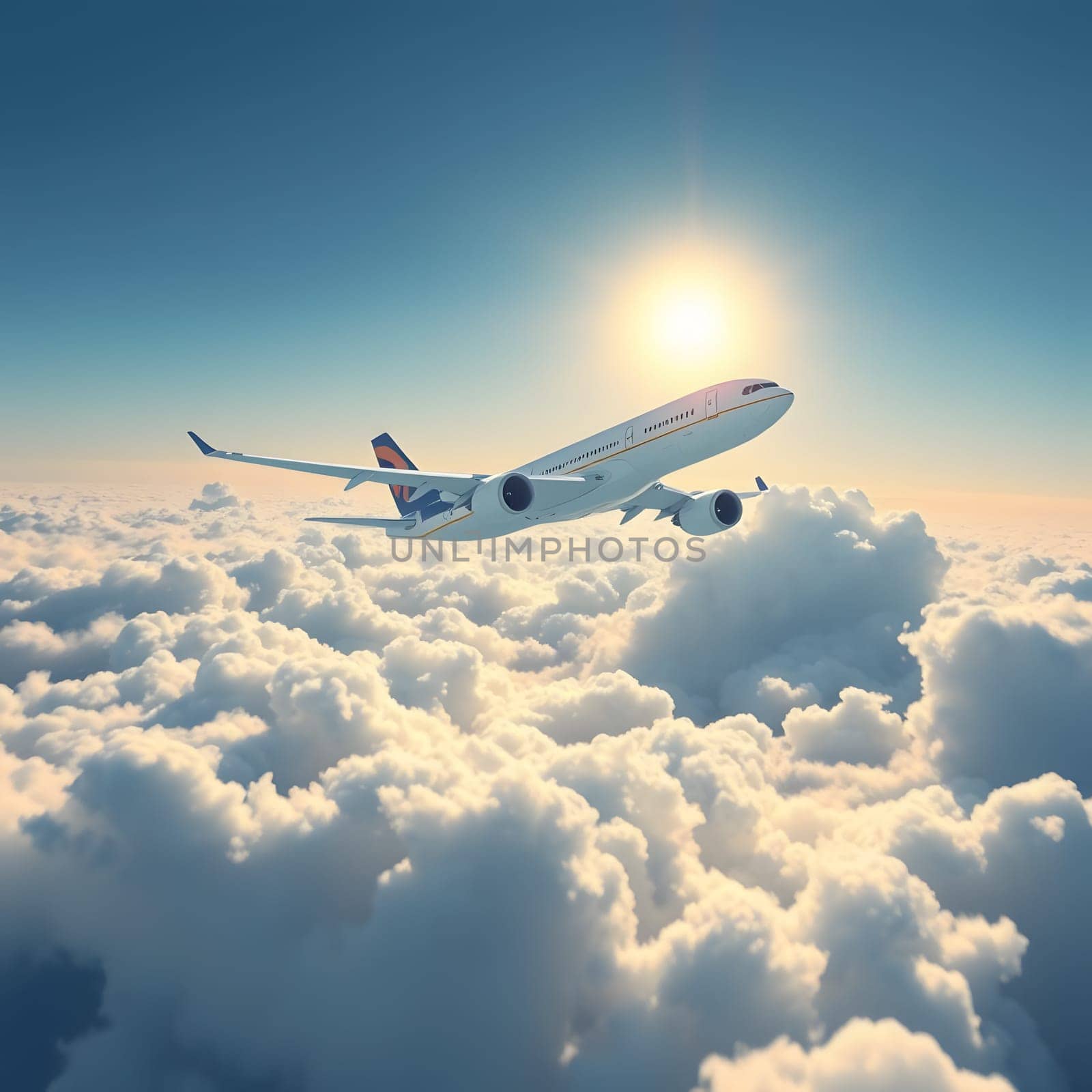 A commercial airplane soars gracefully above a sea of white clouds, illuminated by the soft glow of a sunset. The vibrant sky contrasts beautifully with the aircraft in motion.