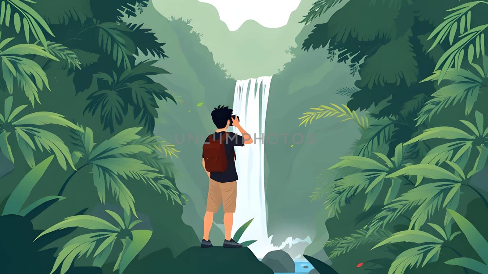 A young person stands among vibrant foliage, capturing the beauty of a cascading waterfall in a serene jungle. The lush greenery surrounds them, creating a picturesque moment.