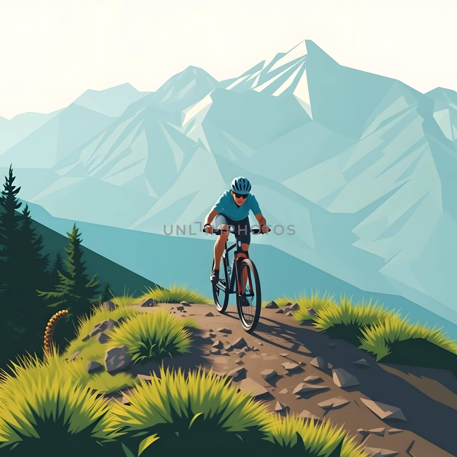 A cyclist rides uphill on a rugged path surrounded by lush greenery and towering mountains, showcasing the thrill of mountain biking in nature's beauty during daylight.