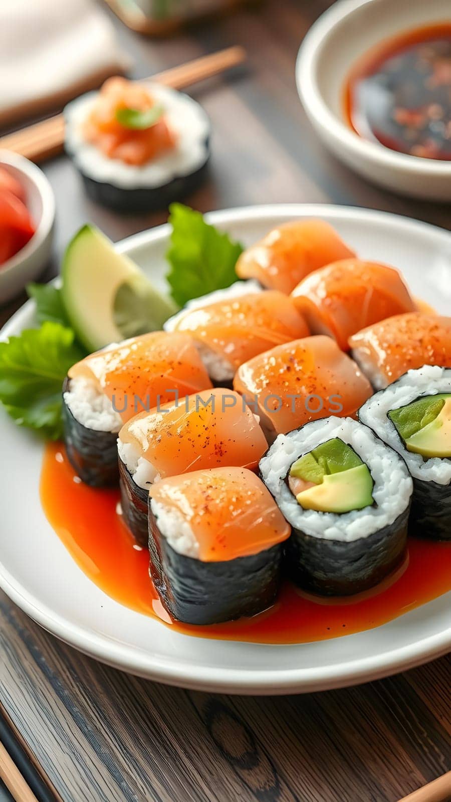 Delicious sushi rolls arranged on a plate, featuring salmon and avocado, garnished with lime and fresh greens, complemented by a side of spicy dipping sauce.