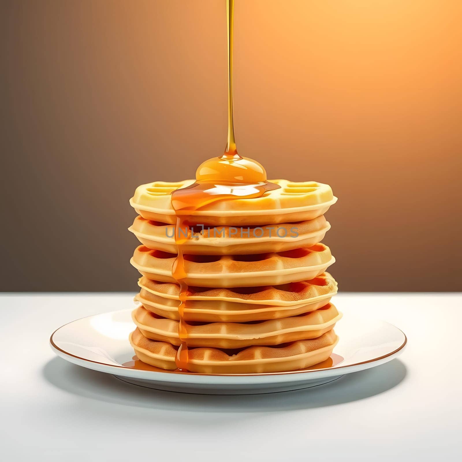 A tower of fluffy waffles sits on a plate, warm syrup cascading over the top, creating a delicious breakfast setting in soft light.