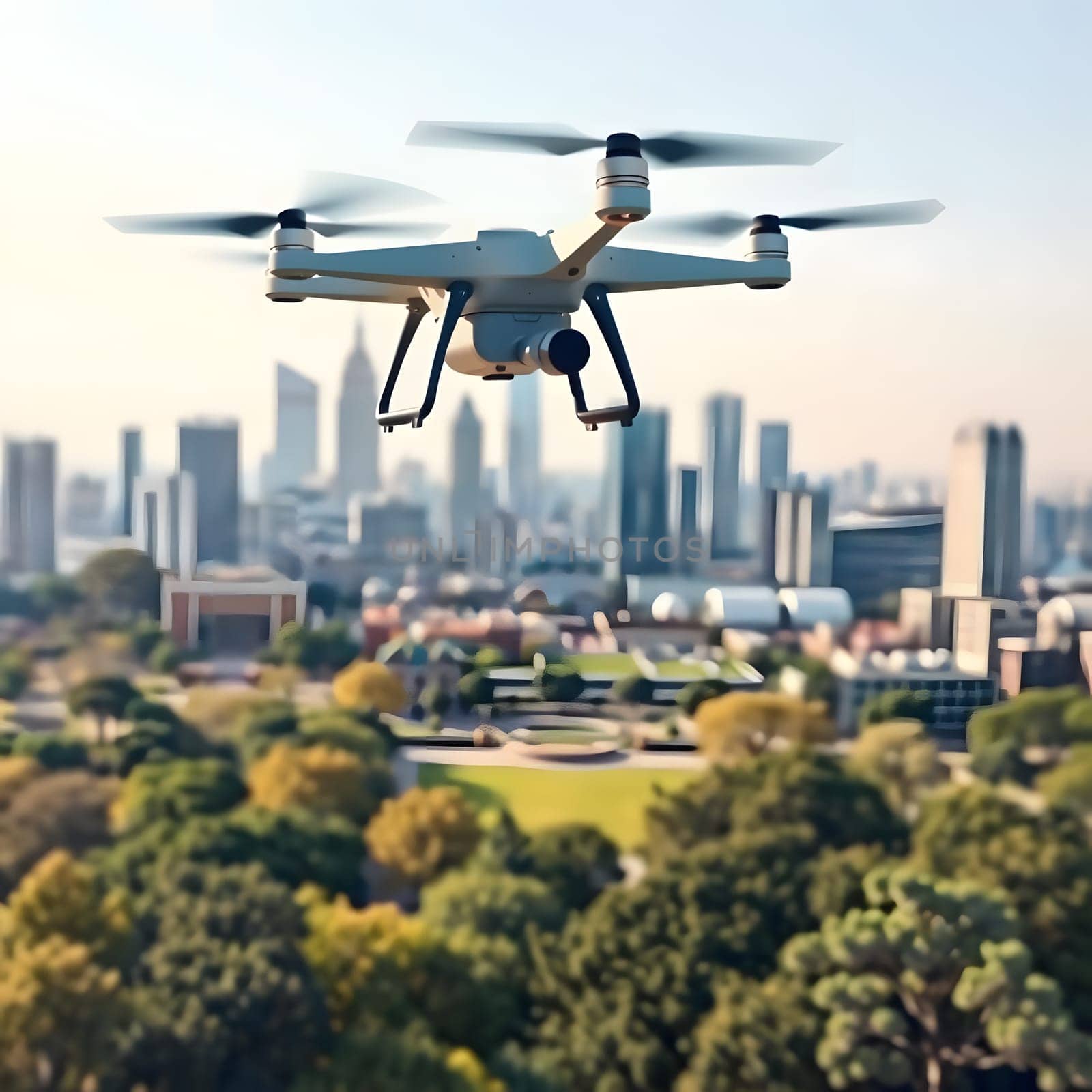 A drone hovers above a vibrant city, capturing a view of the modern skyline and a large green park. The sunlight illuminates the urban landscape, creating a striking contrast.