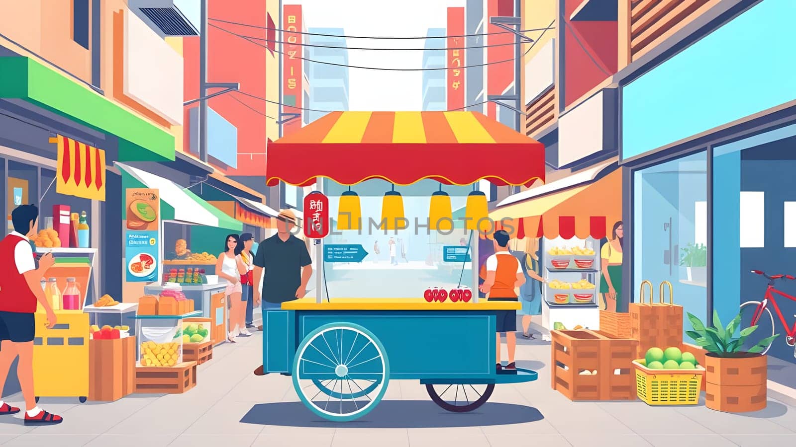 A lively street market filled with various food stalls and a vibrant cart offering snacks. Shoppers explore the colorful displays while enjoying the bustling atmosphere.