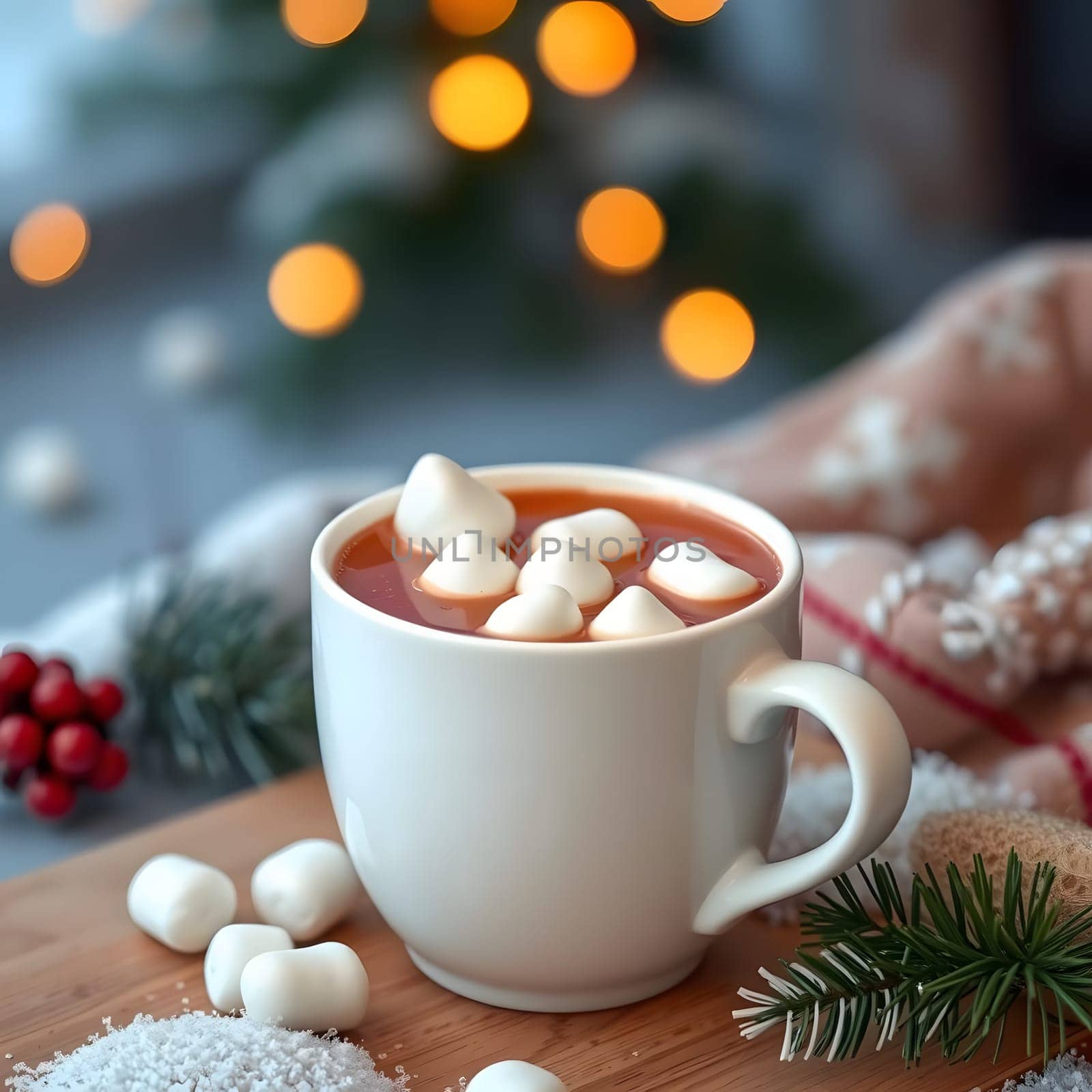 A warm cup of hot chocolate topped with marshmallows sits on a wooden surface surrounded by holiday decorations, evoking a cozy atmosphere on a chilly winter evening.