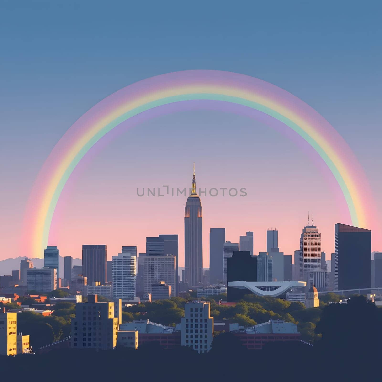 A stunning rainbow spans across the New York City skyline, vividly contrasting against the sunset sky. The Empire State Building stands prominently among the cityscape, creating a picturesque view.