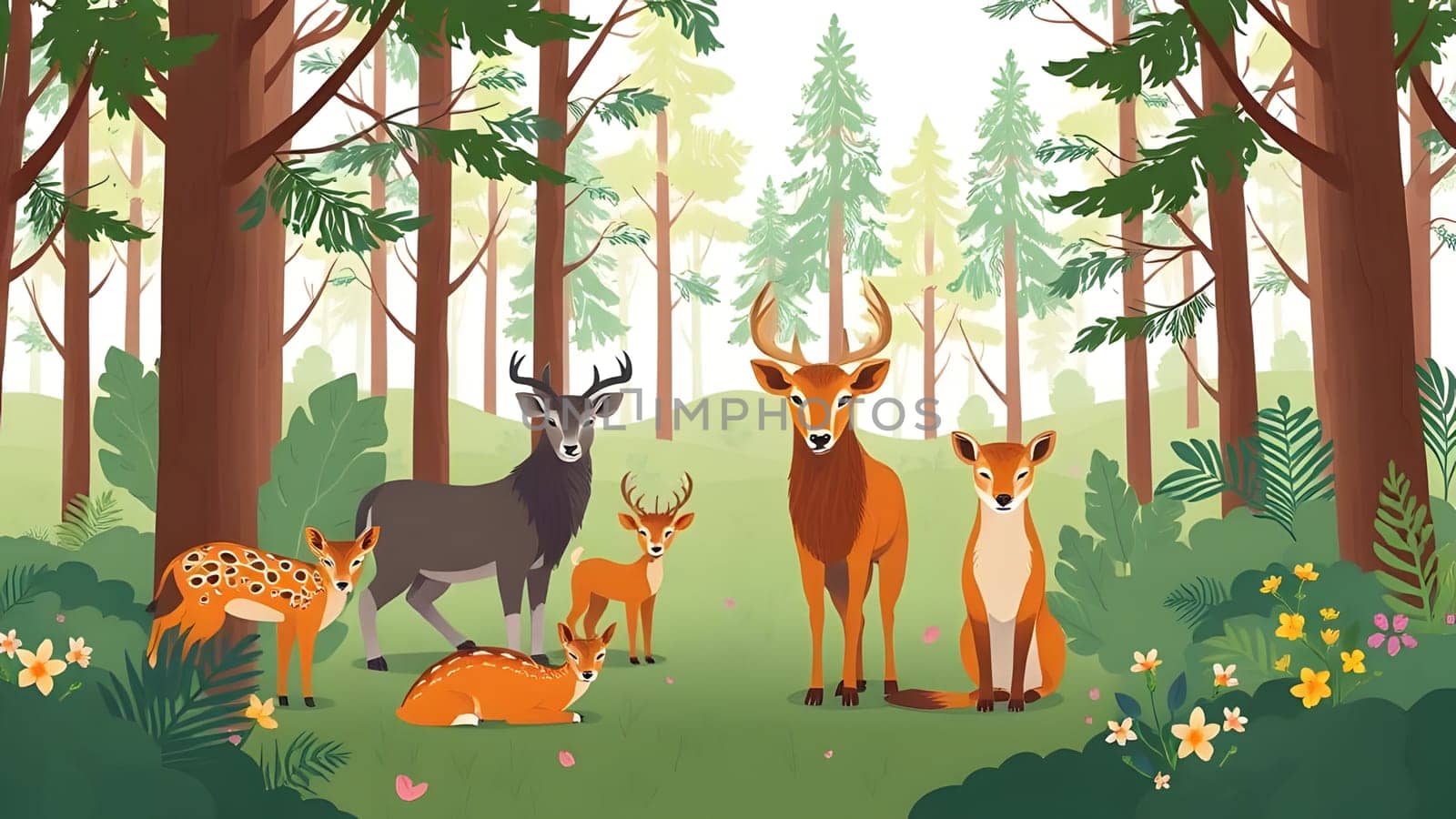 A variety of woodland animals are together in a vibrant forest, showcasing deer, a fox, and fawns among colorful flowers and greenery, reflecting a serene morning atmosphere.