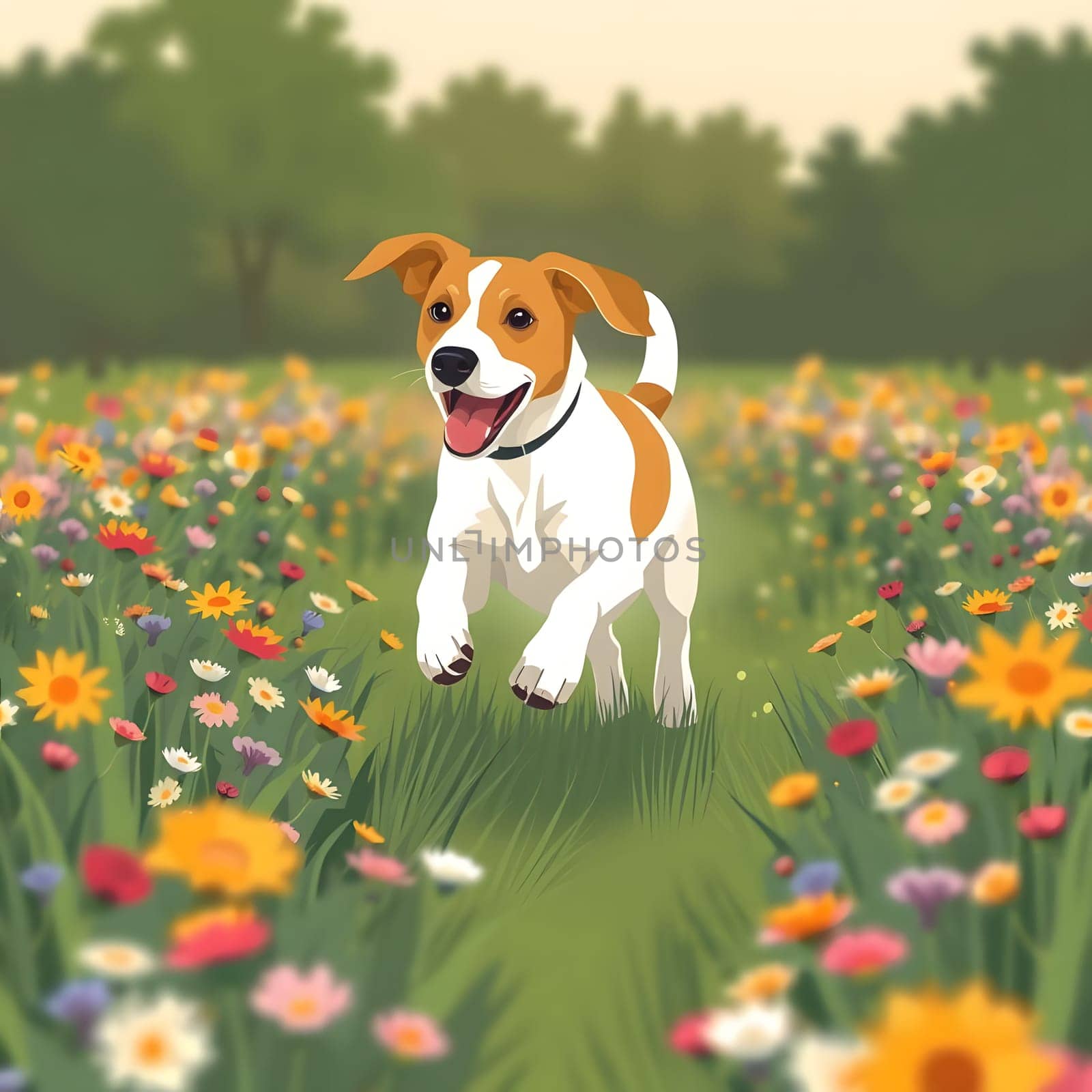 A joyful dog with a white and brown coat dashes through a vibrant field filled with wildflowers. It enjoys the warm sun and lush greenery while playing and exploring.